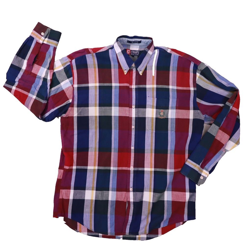 Chaps Ralph Lauren Vintage Men's Bold Plaid Crested Button Up Shirt size Large